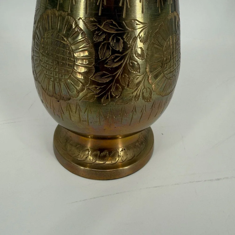 Vintage Etched Solid Brass Floral Vase Floral Design Flared Rim Made in India